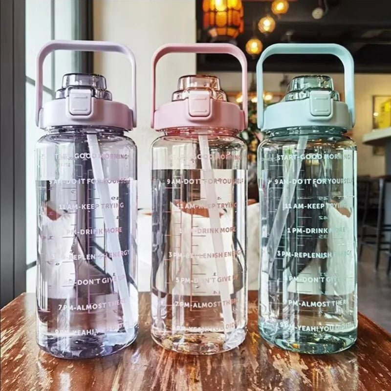 2 Liter Water Bottle with Straw Female Jug Girls Portable Travel bottles Fitness Bike Cup Summer Cold Water Jug with Time Marker